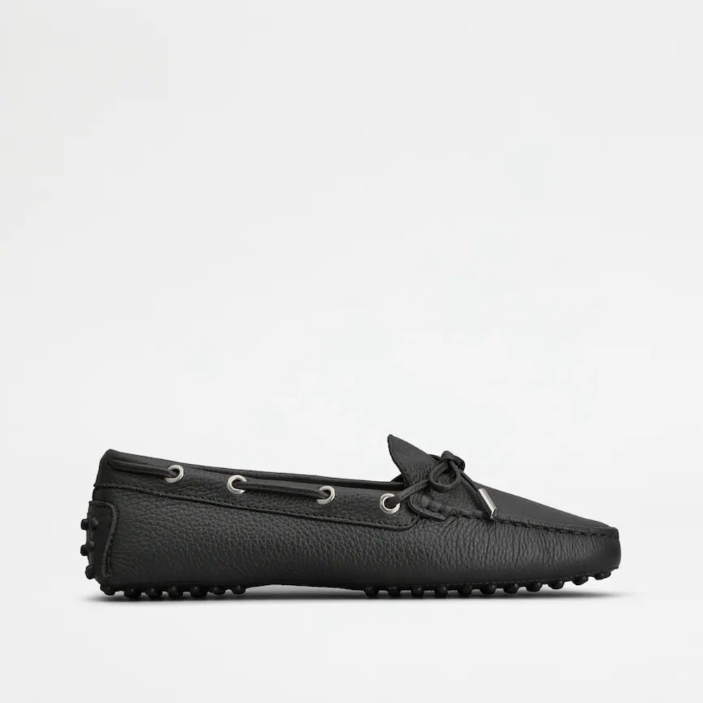 Tod's Black and Silver Driving Loafers with Bow Detail
